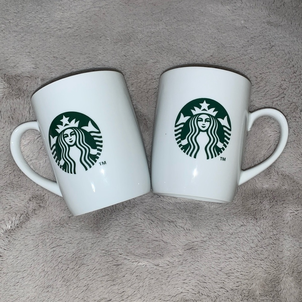 Pair(set) of Two (2) Starbucks White Mugs with Green Logo 2013 12oz